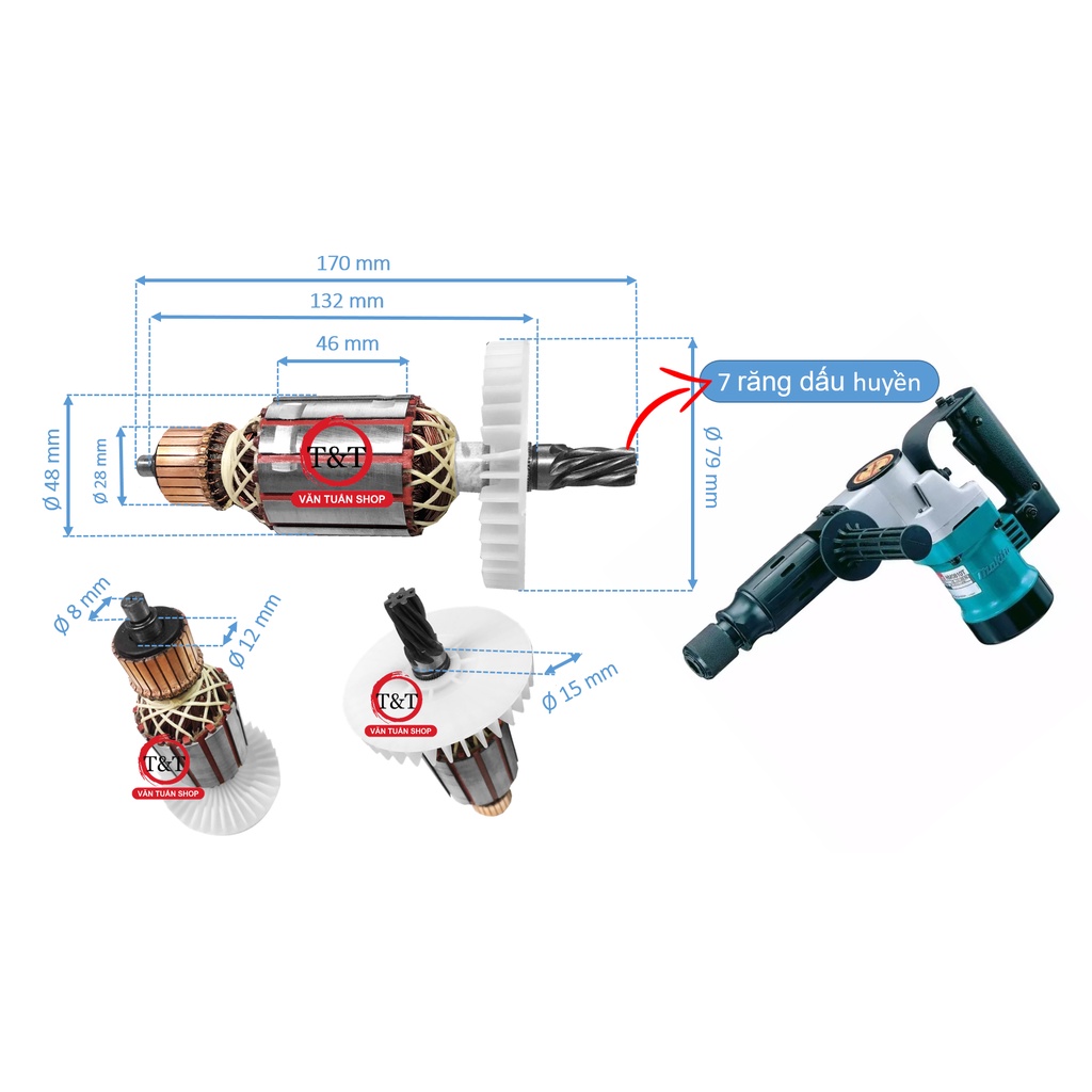 Rotor máy đục bê tông Makita 0810 dài 170 thân 48 có 7 răng suviet