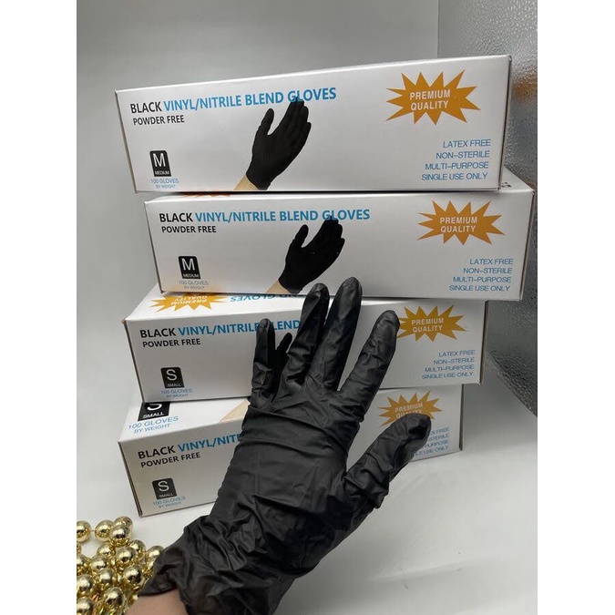 Găng tay cao su vinyl màu ĐEN không bột vinyl/nitrile blend gloves Hộp 100 chiếc dùng phun xăm, thẩm mỹ đạt tiêu ch