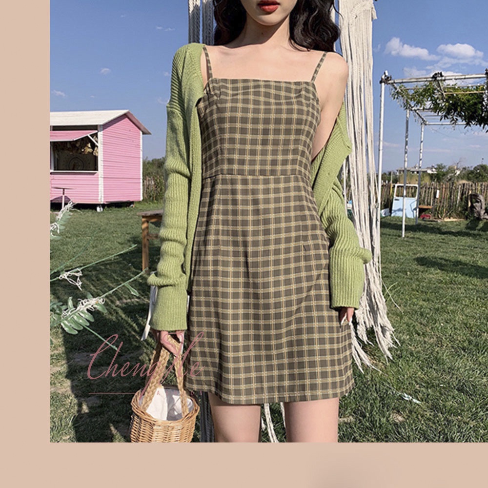 SẴN Váy/đầm 2 dây chữ A kẻ ca rô dáng ngắn buộc dây xanh lá basic đơn giản kẻ ô phong cách sexy cá tính V00038