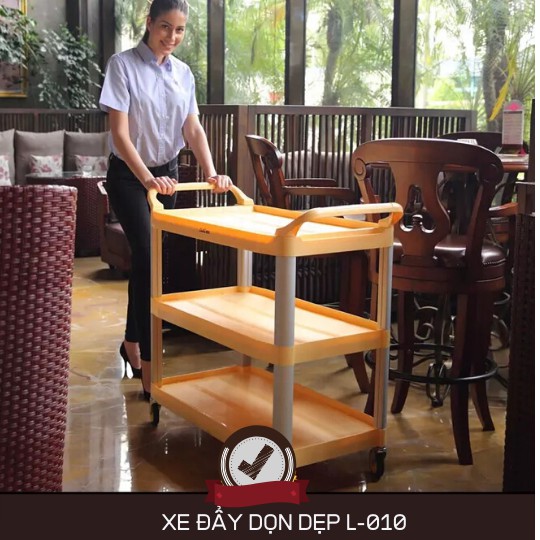 XE ĐẨY DỌN THỨC ĂN 3 TẦNG BẰNG NHỰA L-010 - MÀU ĐEN (Chưa xô, thau)