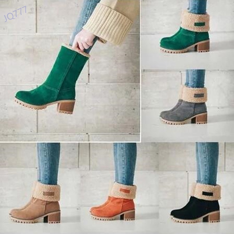 Đôi Bốt Gót Vuông Cổ Lông Thời Trang Cho Nữ