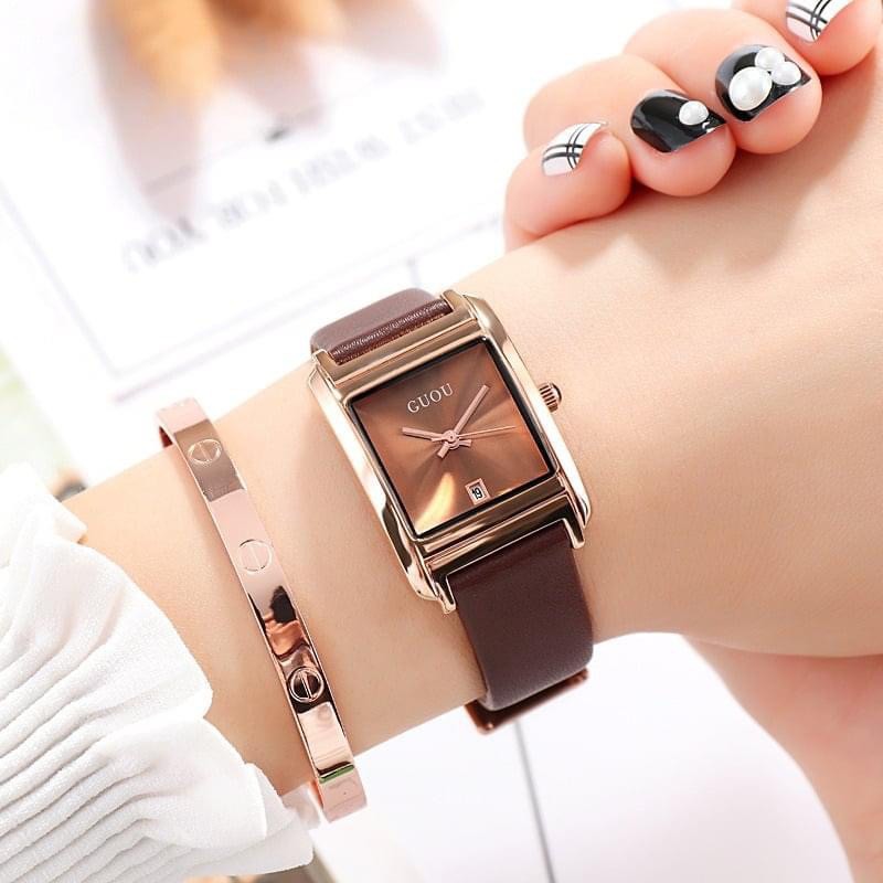 Đồng hồ nữ dây da cao cấp g.u.o.u màu nâu tây sáng tay , da mềm bền | BigBuy360 - bigbuy360.vn