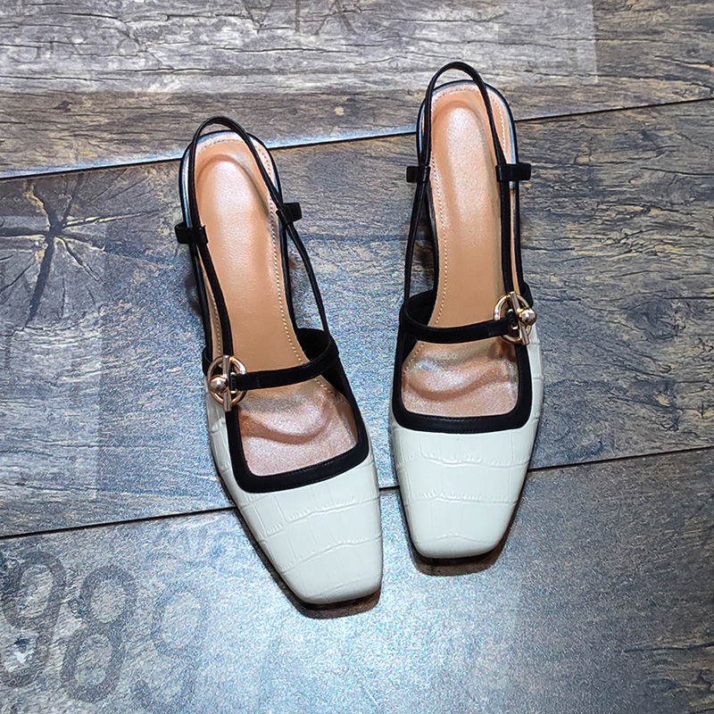 Giày Sandal Hở Ngón Mũi Vuông Đế Dày Bằng Da Mềm Phối Màu Thời Trang Cổ Điển Phong Cách Pháp Cho Nữ
