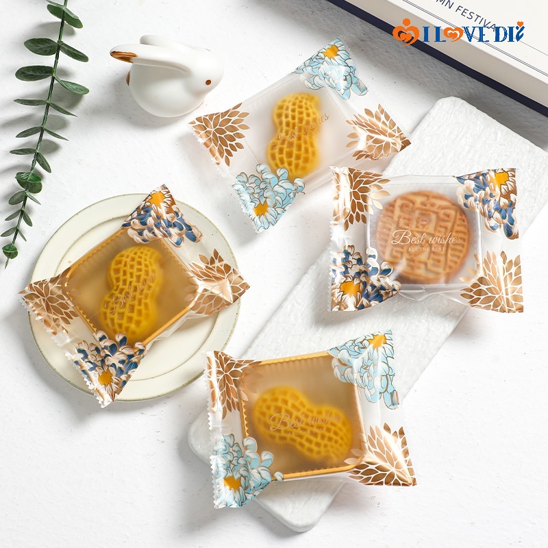 Set 100 Túi Đựng Bánh Trung Thu / Kẹo Bằng Nhựa Trong Suốt Họa Tiết Hoa Cúc
