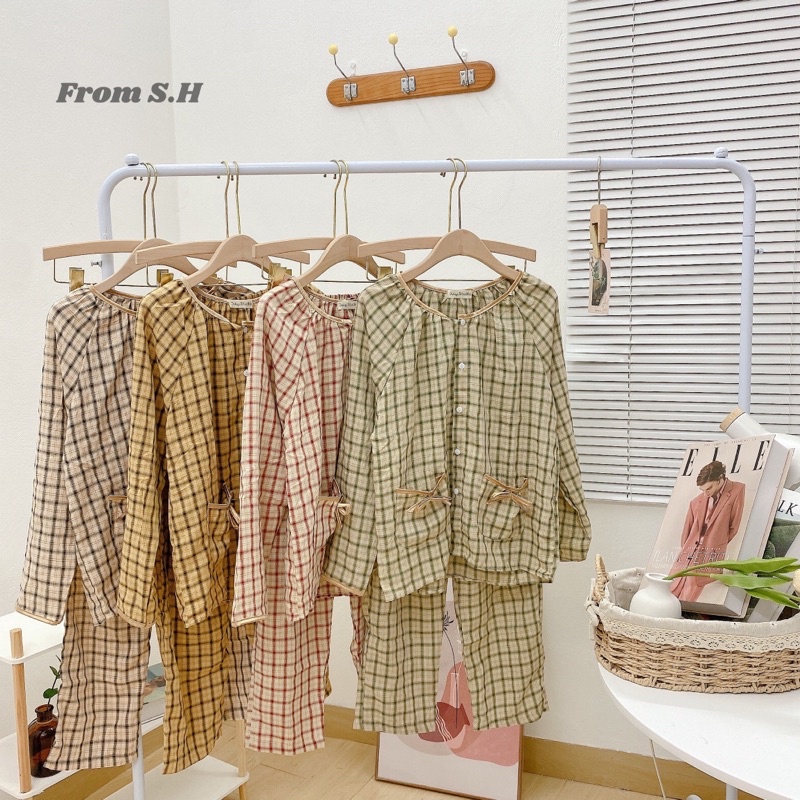 Bộ Kẻ Caro Mặc Nhà Phối Túi Nơ Chất Đũi Xinh