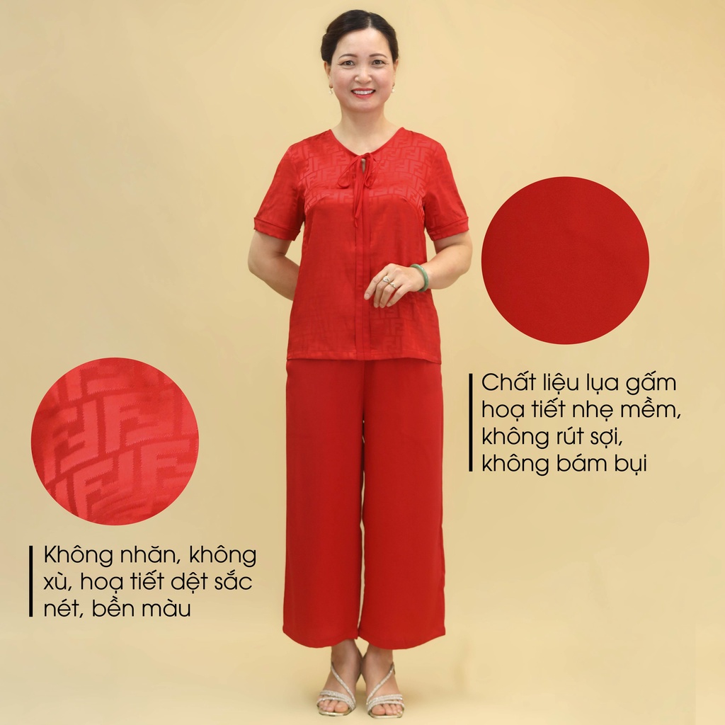 Đồ Bộ Trung Niên Nữ Lụa Họa Tiết Cao Cấp ANCHI B30 Đỏ, Bộ Mặc Nhà Quà Tặng Cho Mẹ