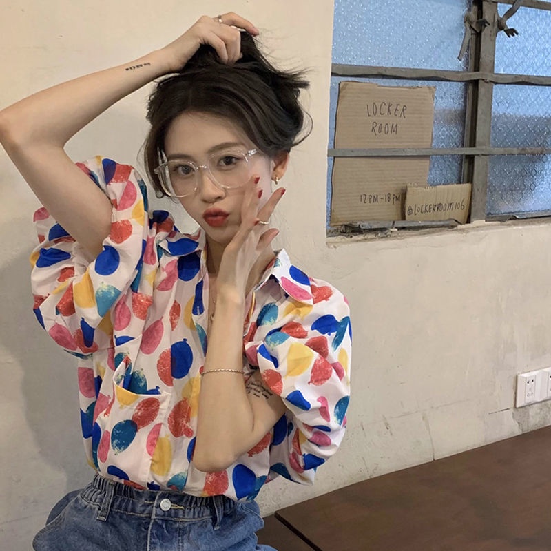 Áo sơ mi tay ngắn phồng in hoa ngọt ngào phong cách mùa hè Pháp