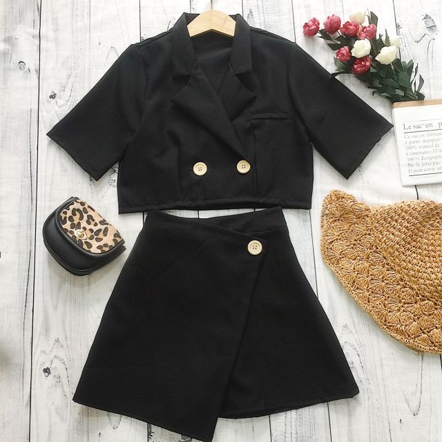 SET ÁO CÀI CÚT FORM CROPTOP KÈM VÁY QUẦN CHẤT DẦY DẶN