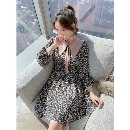 Váy đầm nữ tay phồng dài hoạ tiết hoa nhí cổ sơmi nhọn cột nơ dễ thương