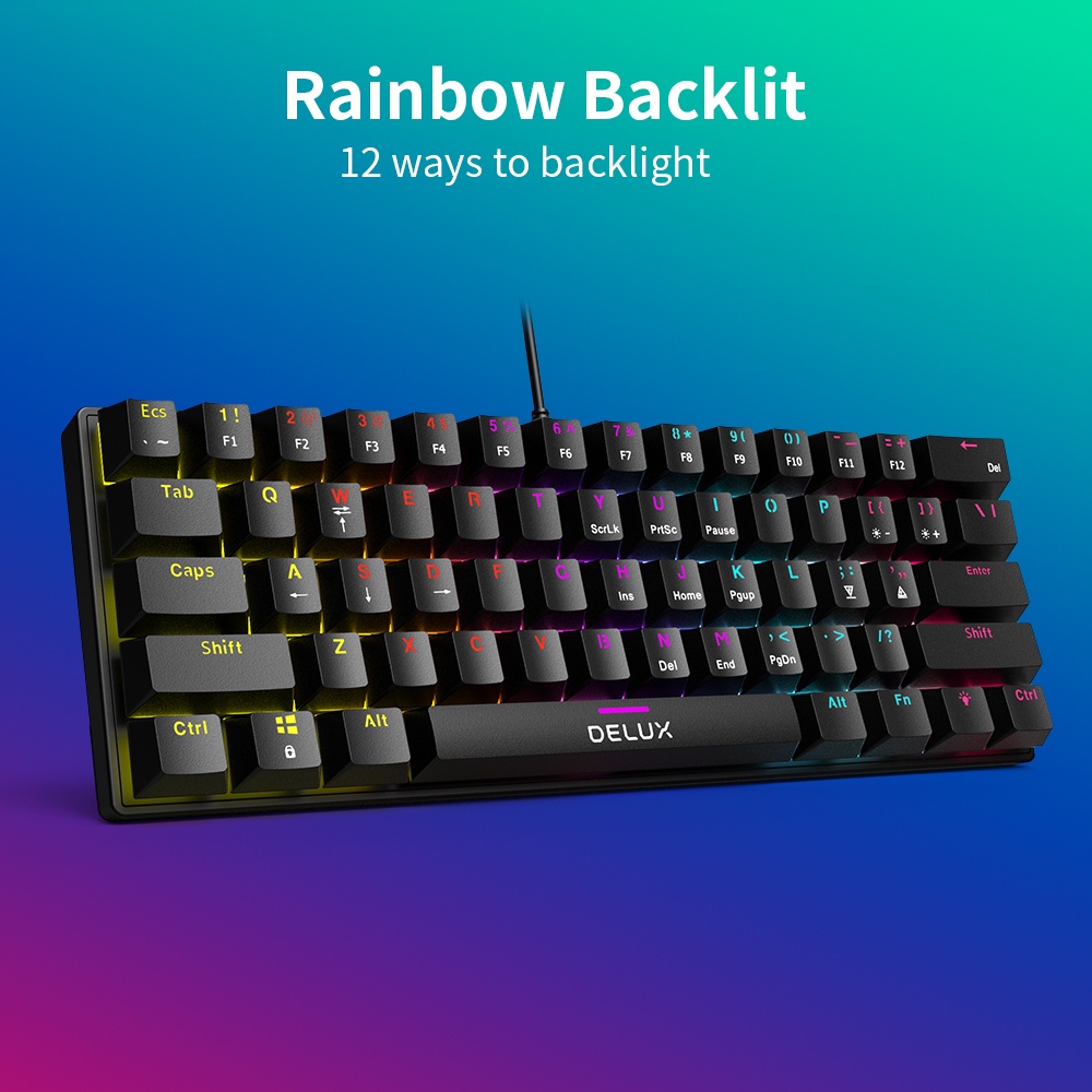 Bàn phím máy tính cơ chơi game DELUX KM36 Blue Switch có dây cáp 61 phím đèn nền nhiều màu đủ chức năng kích thước nhỏ