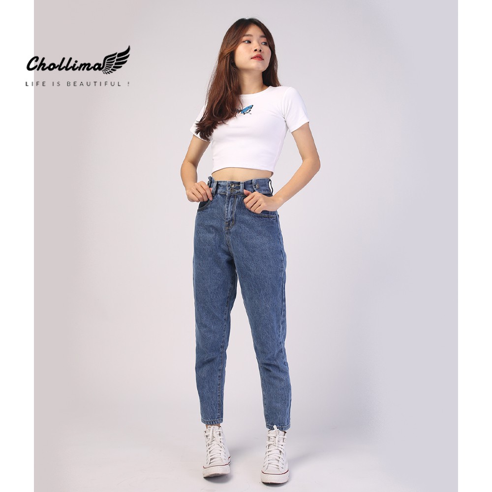 Quần baggy jeans nữ Chollima form rộng 2 bách vuông,lưng thun QD016