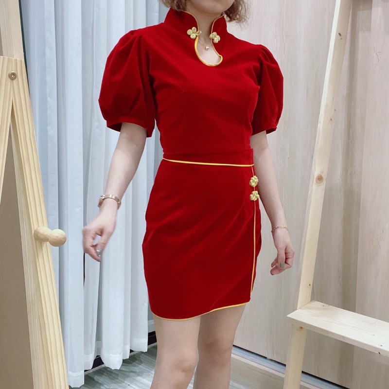 SET CROPTOP NHUNG ĐỎ CỔ TÀU VIỀN VÀNG [ ảnh thật shop tự chụp ] chất đẹp hàng chuẩn Shop | BigBuy360 - bigbuy360.vn