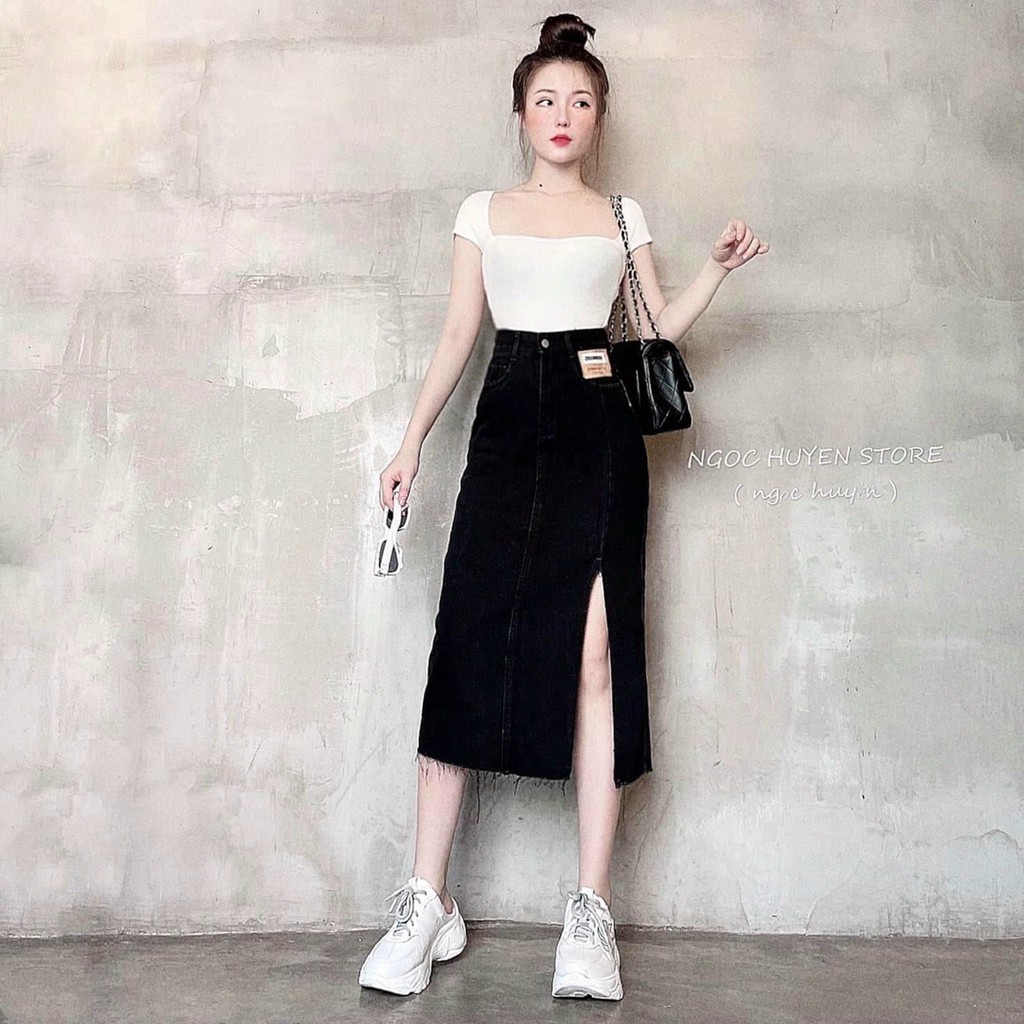Chân váy jean nữ dáng dài xẻ tà tem da cao cấp.Hàng VNXK