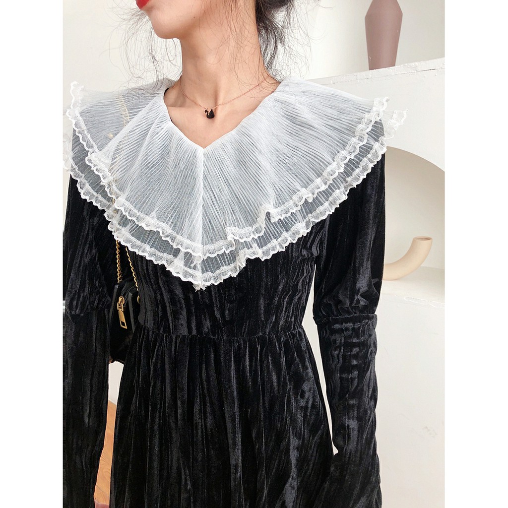 .VÁY ĐẦM  NHUNG DÀI  TAY CAO CẤP PHỐI VOAN