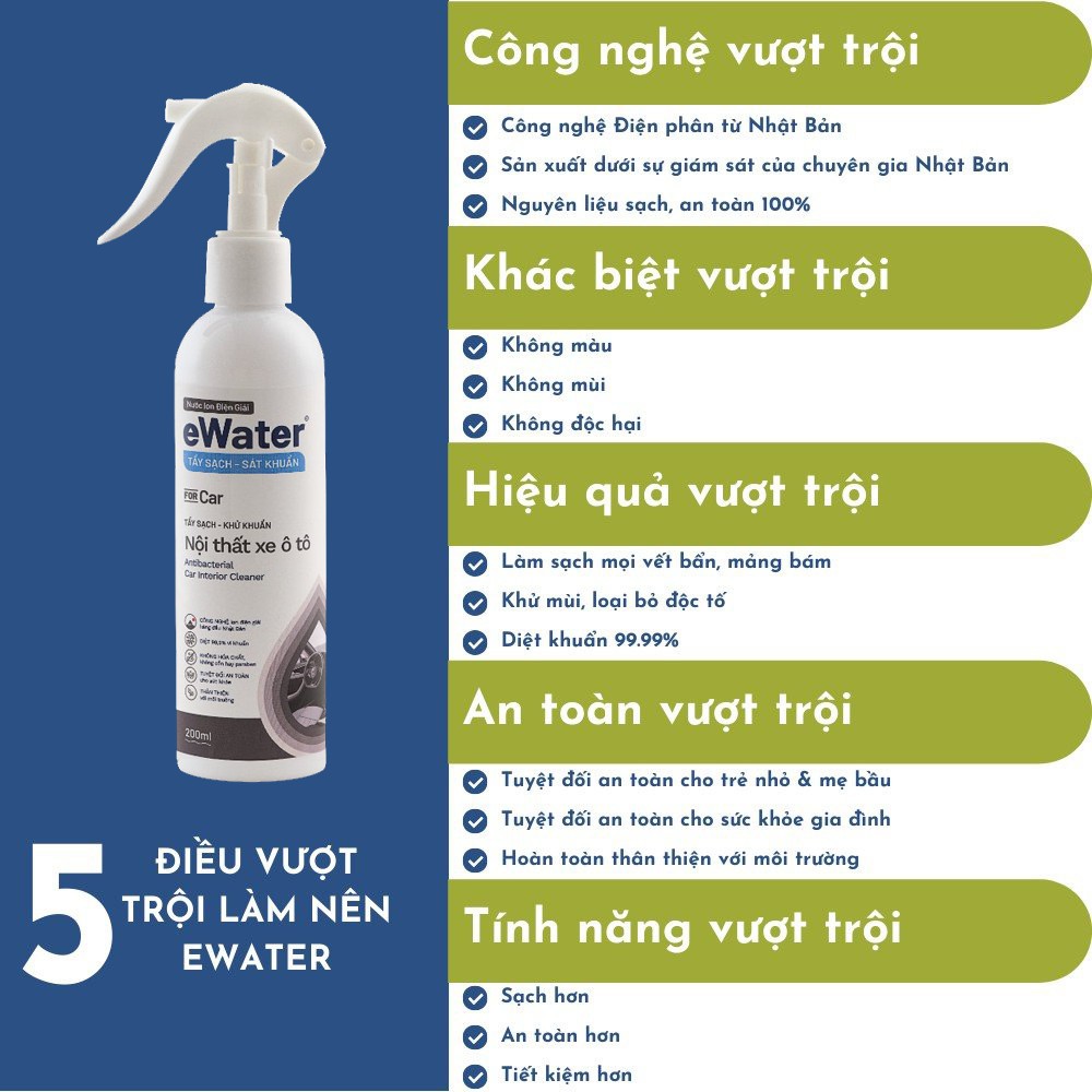 Vệ sinh nội thất ô tô eWater Klink dành cho ô tô, giúp khử sạch mùi hôi vi khuẩn, không chứa hóa chất, an toàn trẻ nhỏ