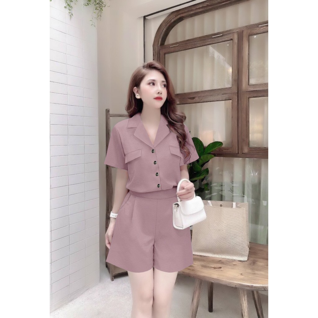 Bộ Nữ 🌸FREESHIP🌸 Set nguyên bộ quần short áo tay ngắn 2 túi giả xinh xắn J1099 | BigBuy360 - bigbuy360.vn