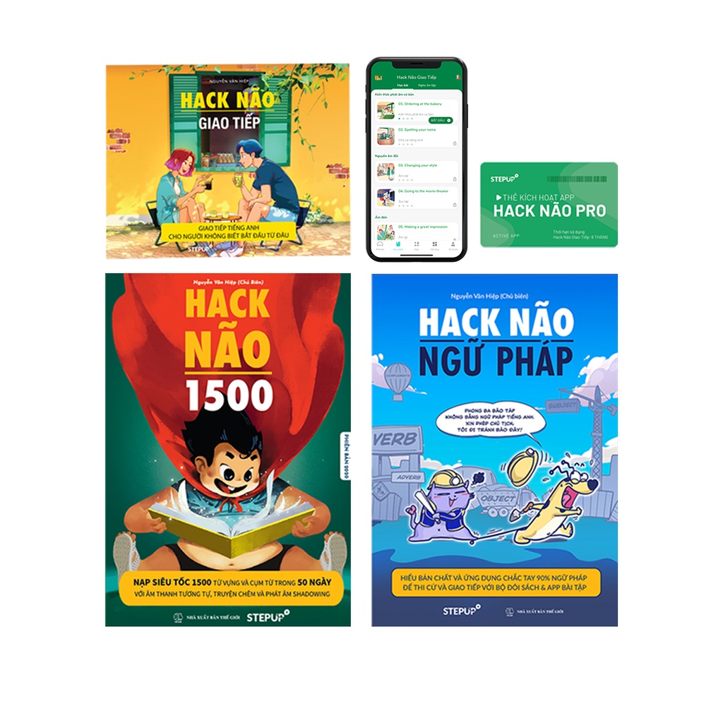 Sách - Combo 3 cuốn Hack Não 1500 Từ Vựng Tiếng Anh + Ngữ Pháp + Giao Tiếp - Kèm App Hack Não Pro kiểm tra học phát âm