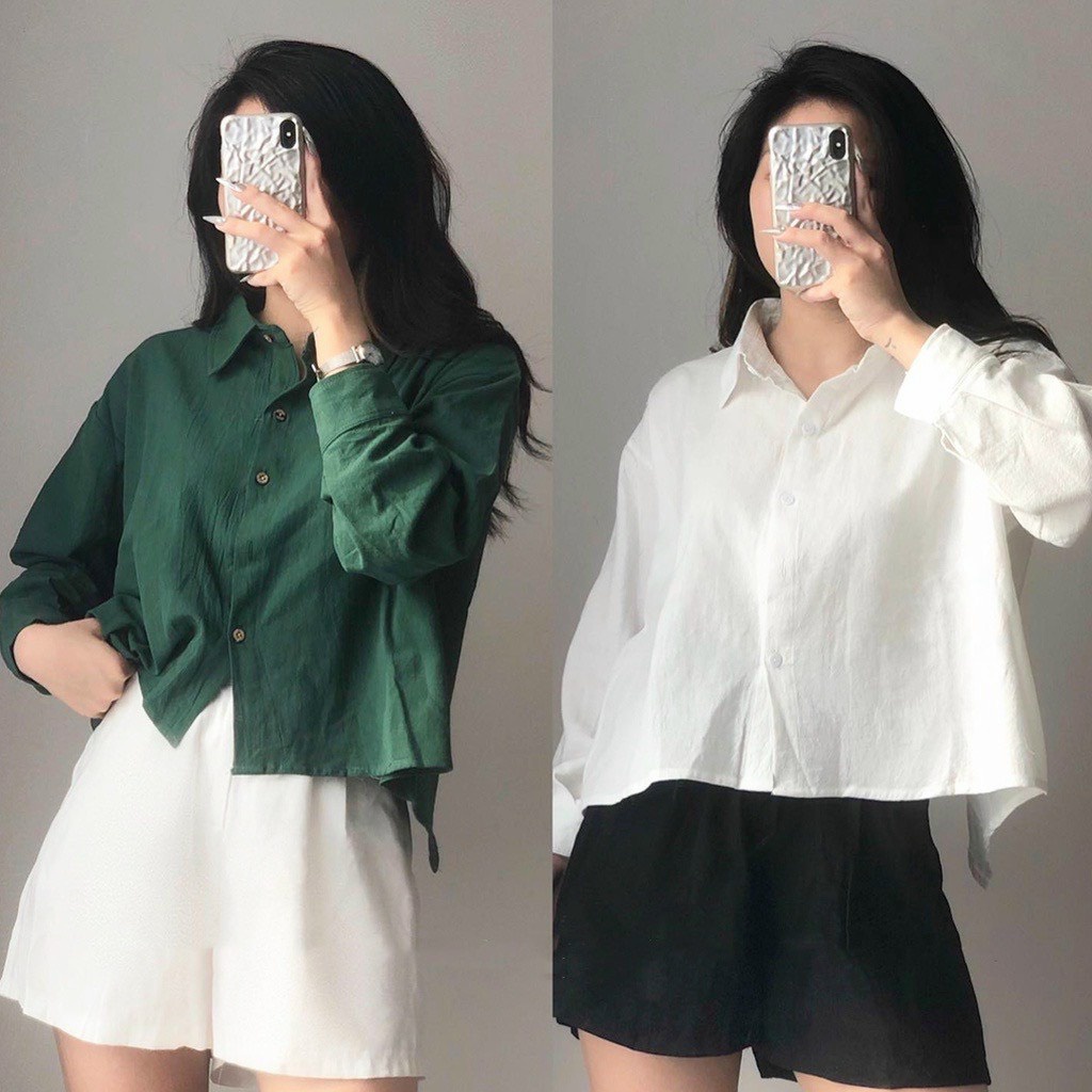 Áo sơ mi dài tay cut out lưng croptop chất thô
