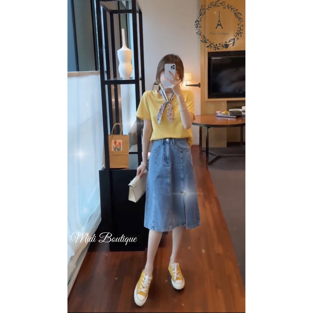 Chân váy jean, chân váy xẻ jean dáng chữ A thời trang nữ Midi Boutique | BigBuy360 - bigbuy360.vn