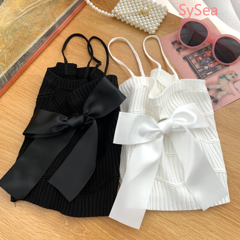 Áo Hai Dây Dệt Kim Phối Nơ Thời Trang Mùa Hè Hàn Quốc Cho Nữ