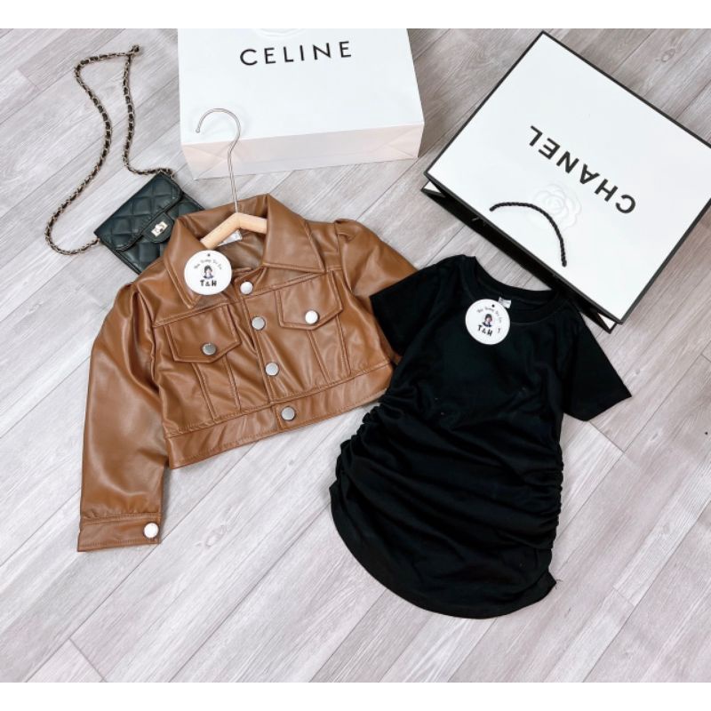 Set áo khoác da kèm váy body  sang chảnh bé gái
