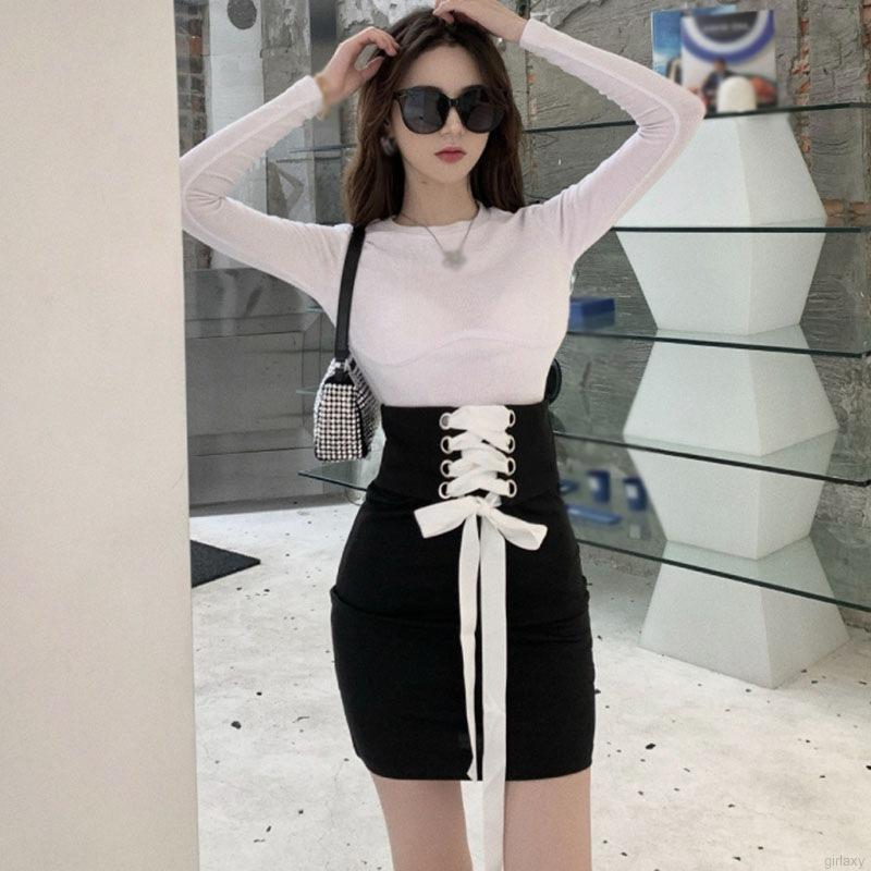 Set áo tay dài cổ tròn và váy bó buộc dây gợi cảm cho nữ