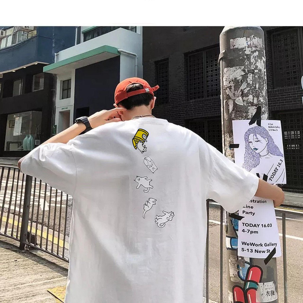 Áo THUN NAM Ngắn Tay Không Cổ  In Họa Tiết Phong Cách CHú MÈO CAT CAN trong Lon màu đen và trắng Trùm Unisex | BigBuy360 - bigbuy360.vn