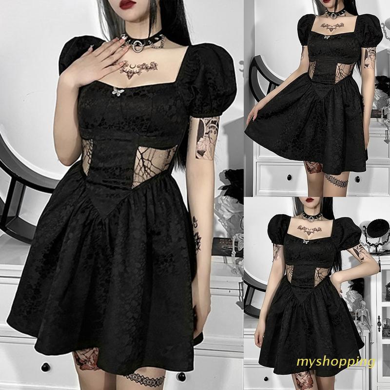 Đầm Xòe Chữ A Tay Ngắn Phồng Cổ Vuông Phối Ren Màu Đen Phong Cách Gothic Quyến Rũ Dành Cho Nữ
