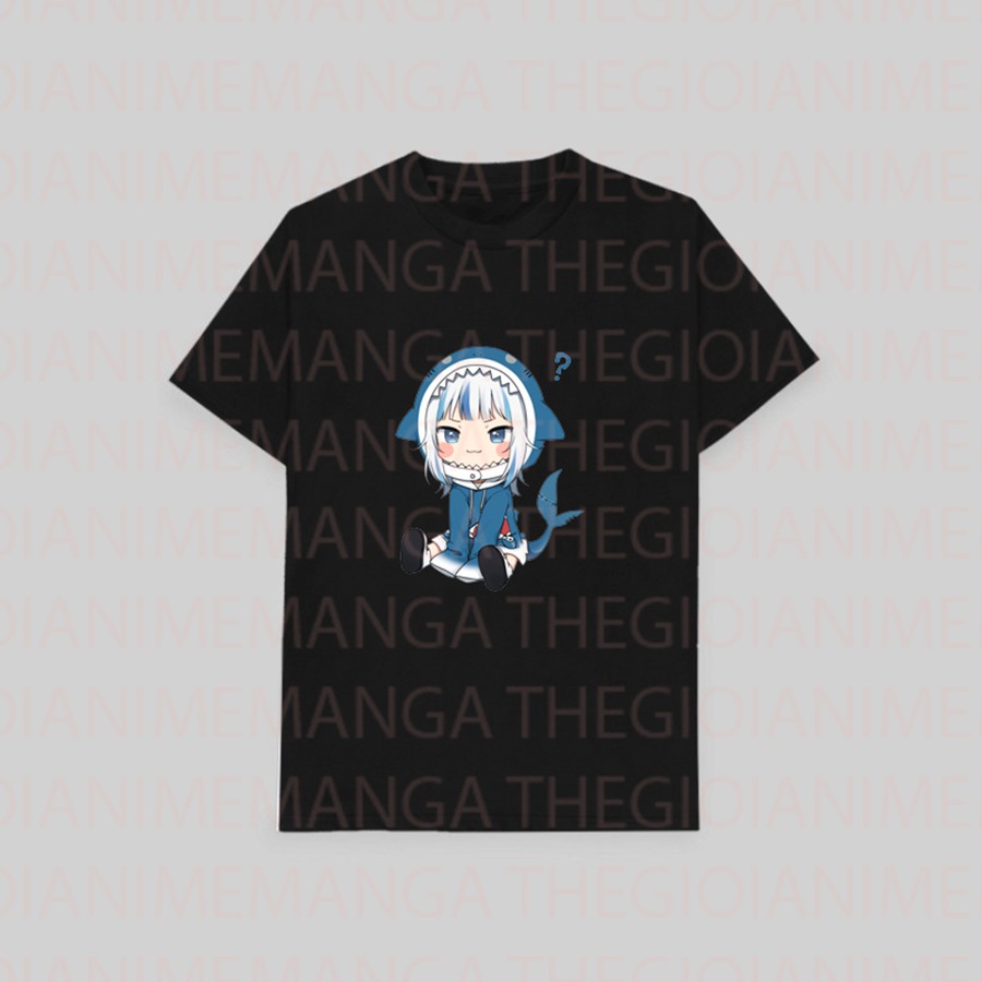 Áo thun phông đen trắng in hình GAWR GURA Hololive Vtuber thời trang xinh xắn cá tính anime chibi