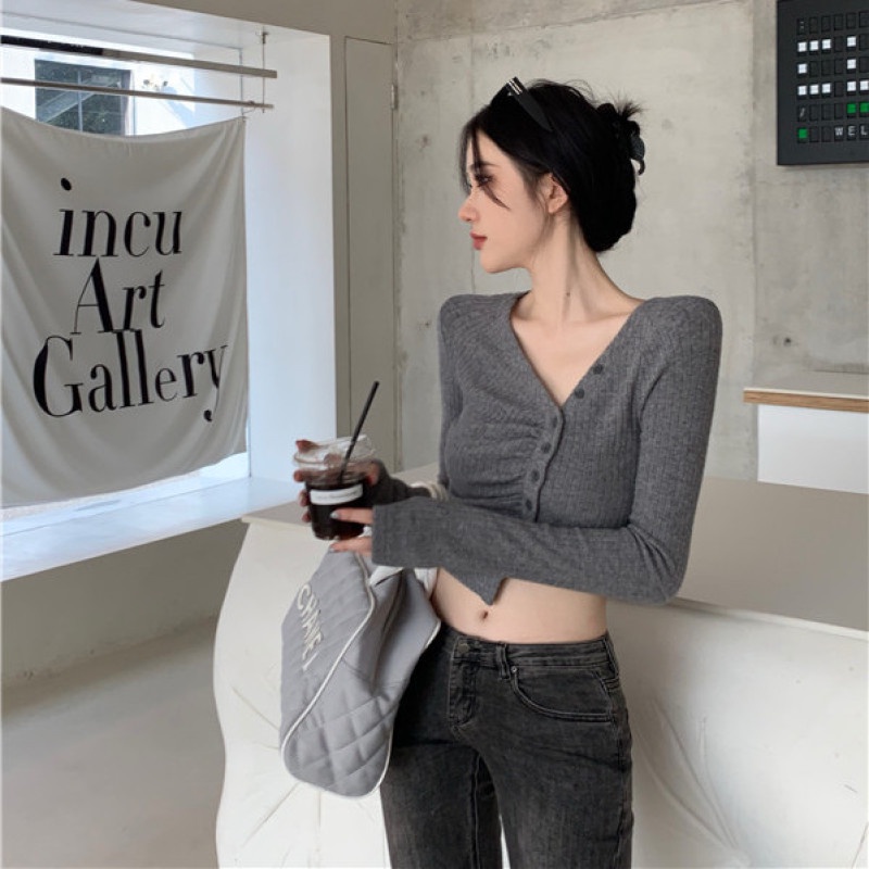 Áo Croptop Dệt Kim Tay Dài Thiết Kế Hợp Thời Trang