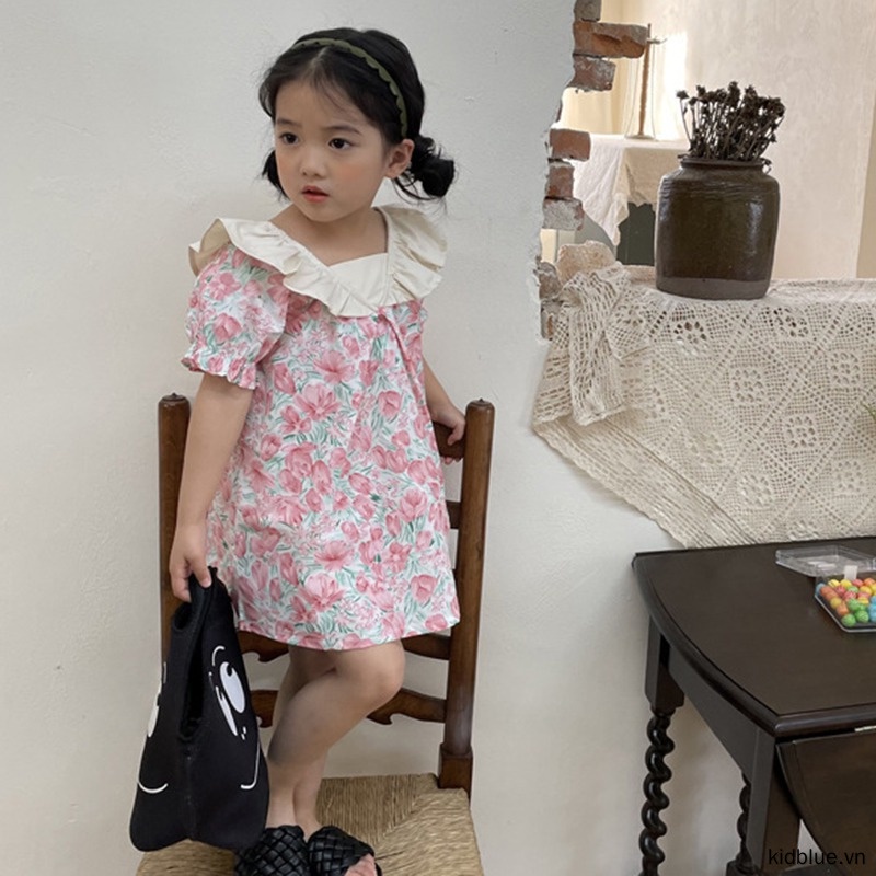 Đầm Công Chúa Tay Ngắn Cổ Búp Bê In Họa Tiết Hoa Thời Trang Mùa Hè Hàn Quốc Cho Bé Gái