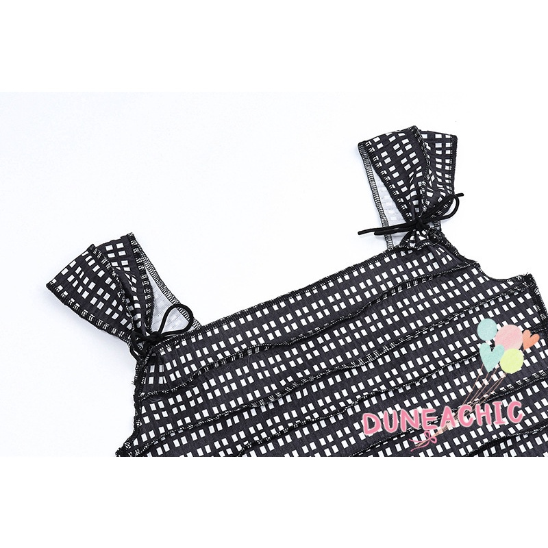 DUNEA Áo Tank Top Hai Dây Hở Lưng Họa Tiết Sọc Caro Thời Trang