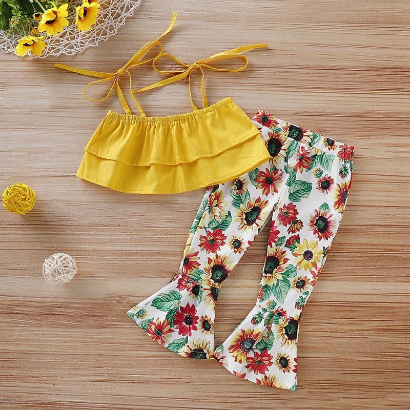 Set Áo Croptop + Quần Dài Ống Loe In Hoa Đáng Yêu Cho Bé Gái