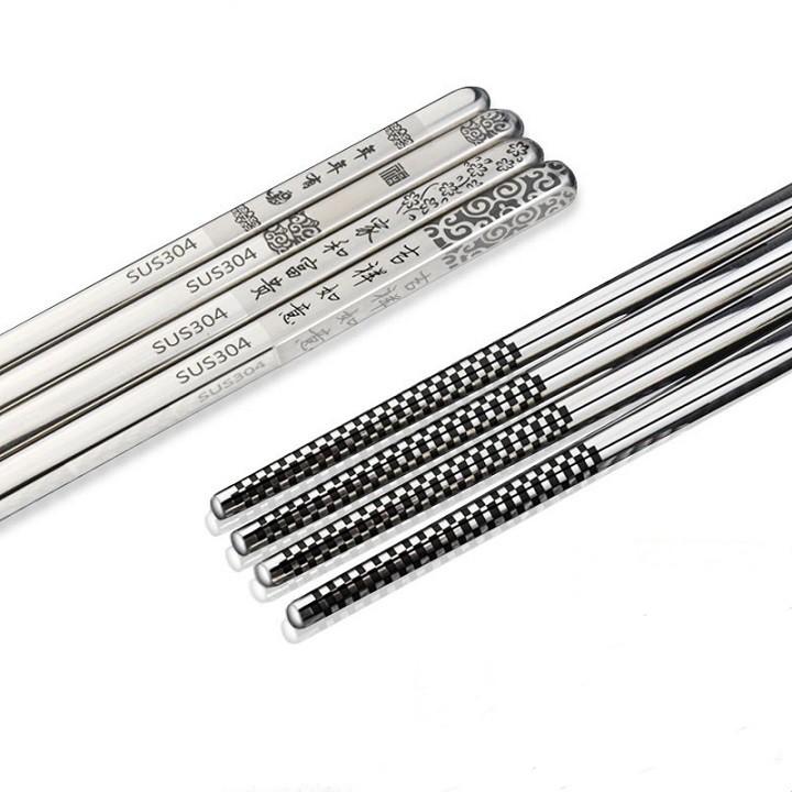 SET 5 đôi đũa inox 304 khắc logo và họa tiết hoa văn cao cấp