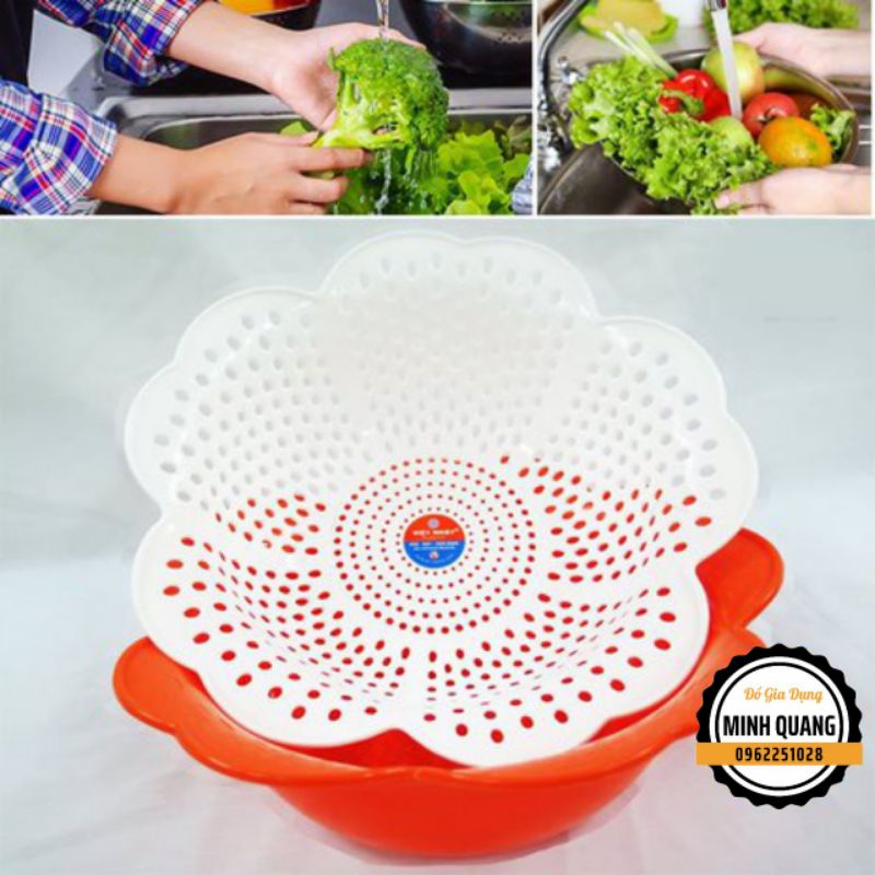 Bộ Thau Rổ Nhựa Hoa Mai Việt Nhật Tiện Ích, Rổ Nhựa Kèm Chậu 2 In 1 Hình Hoa Mai