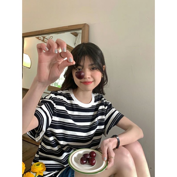 Áo phông áo thun nữ kẻ ngang thêu hình gấu phong cách Hàn Quốc