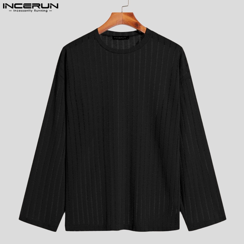 Áo thun INCERUN lưới chui đầu dáng rộng cổ tròn họa tiết kẻ sọc màu xuyên thấu thời trang cho nam
