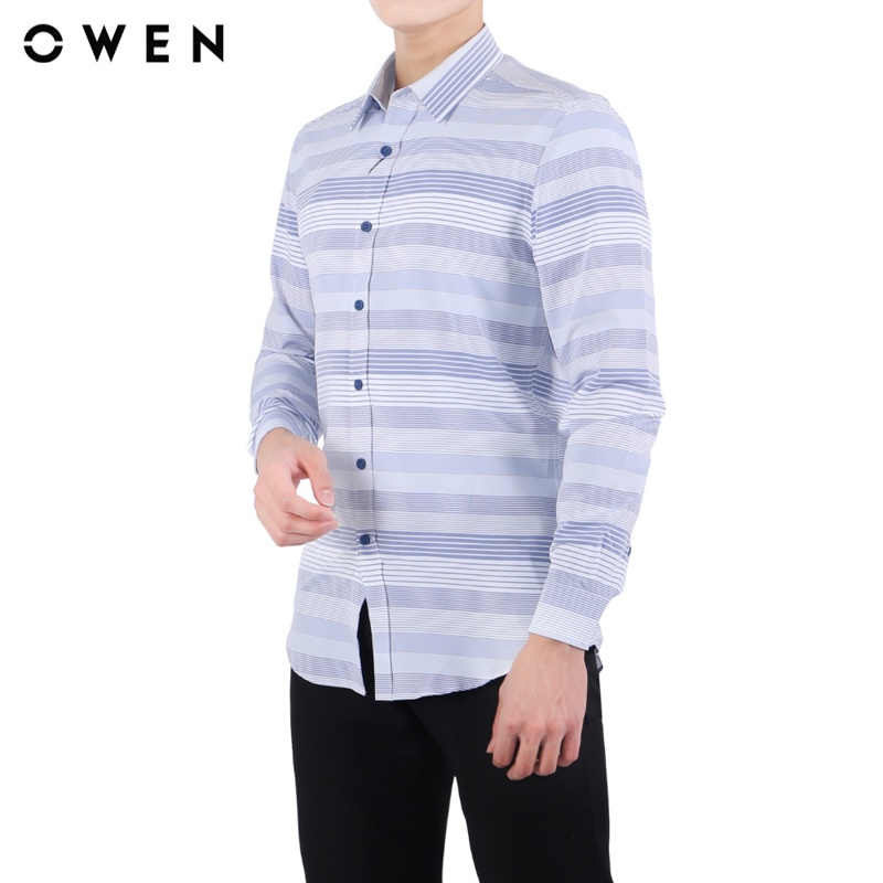 Áo sơ mi Dài tay Owen Café Slim Fit màu Trắng sọc xanh - AS23326D