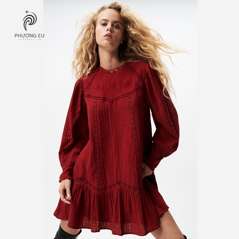 Váy Babydoll Thêu Zara Màu Đỏ Tay Dài Phối Bèo Nhẹ Nhàng