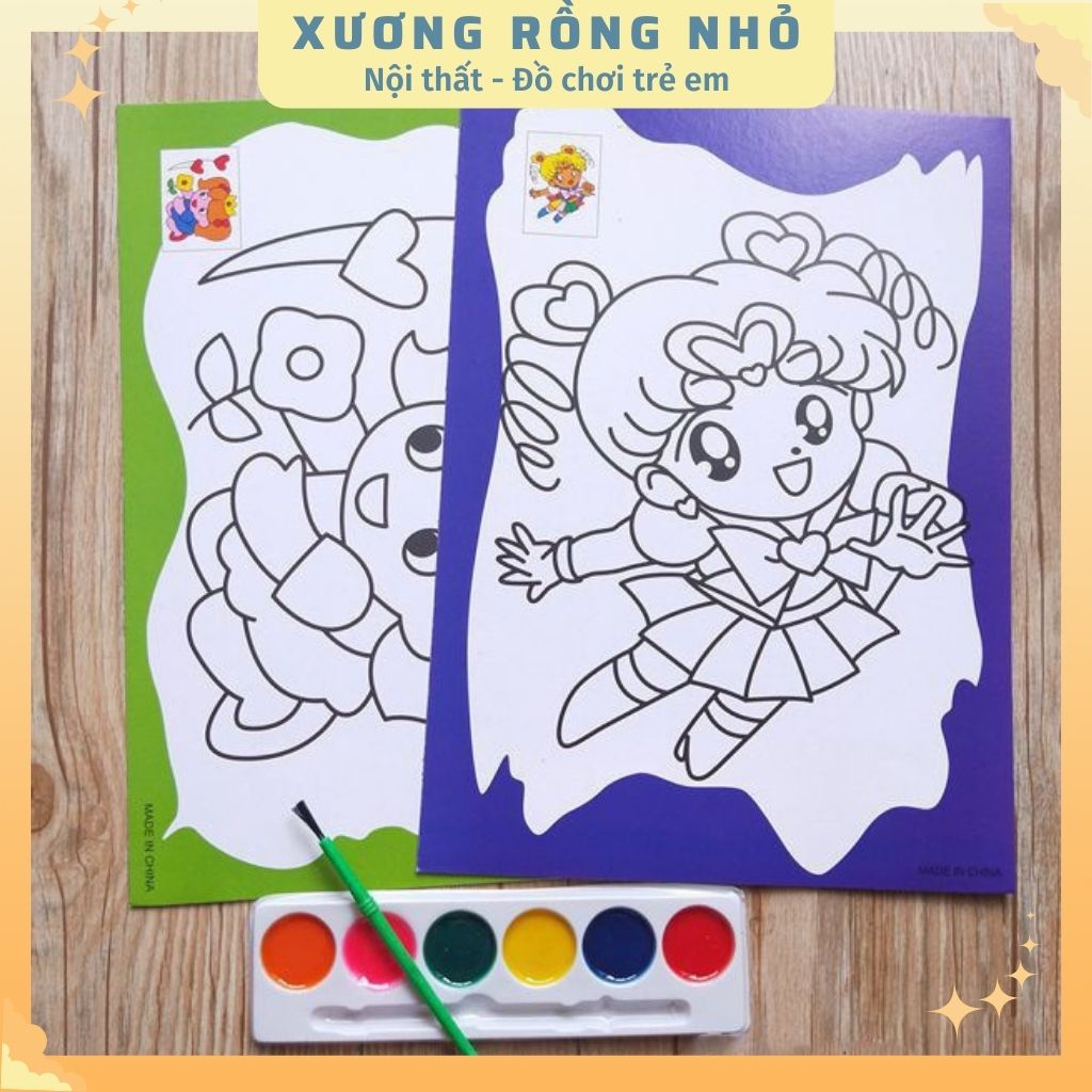 Tranh tô màu cho bé -  bộ 2 tranh tô tặng kèm màu cho bé thỏa sức sáng tạo - Xương Rồng Nhỏ