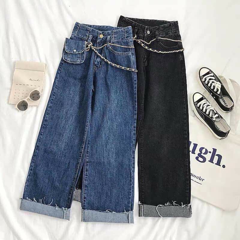 SALE SALE Quần bò Hot trend hàn quốc dáng baggy thụng kết hợp đai xích và túi vải bò nhỏ xinh phong cách