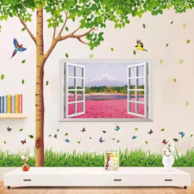 BỘ COMBO DECAL GHÉP ĐÔI dán tường - Thân Cây Chim Non lớn và Cửa Sổ Núi Hồng ( 3 TẤM )