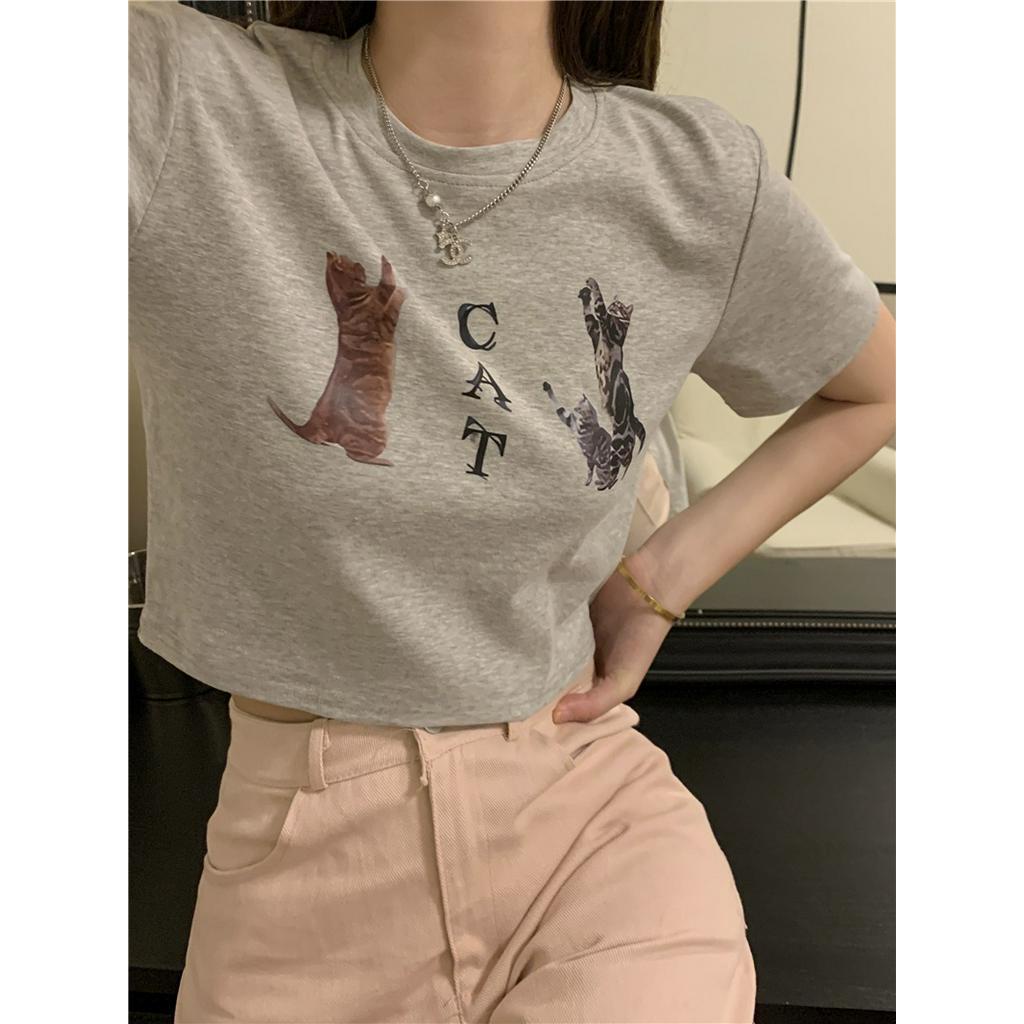 Áo Thun Ngắn Tay In Hình Mèo Phong Cách Retro Cá Tính 63402