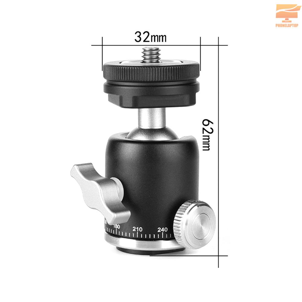 Multi-function Aluminum Alloy Mini Ballhead Ball Head 360° Panorama Head with Hot Shoe Base Mount 1/4 Inch Screw for Camera DSLR Video Light Microphone