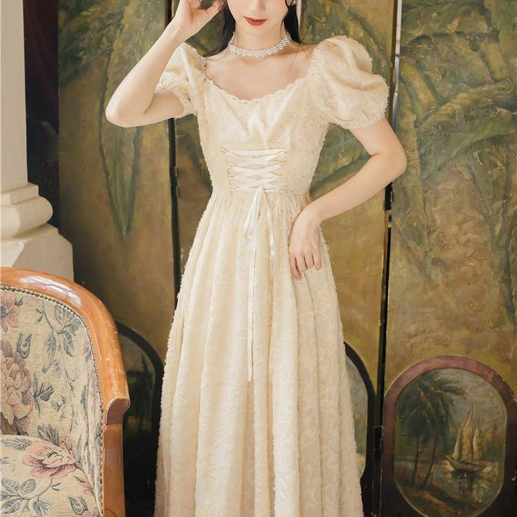 Váy màu cam retro Pháp, váy tình yêu đầu tiên mùa hè nhẹ nhàng thiết kế bong bóng bong bóng