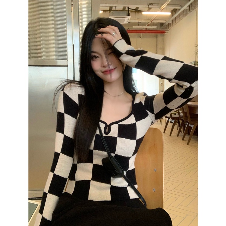 QKOOLE Áo kiểu  cổ vuông họa tiết kẻ sọc caro phong cách Hàn Quốc thời trang dành cho nữ