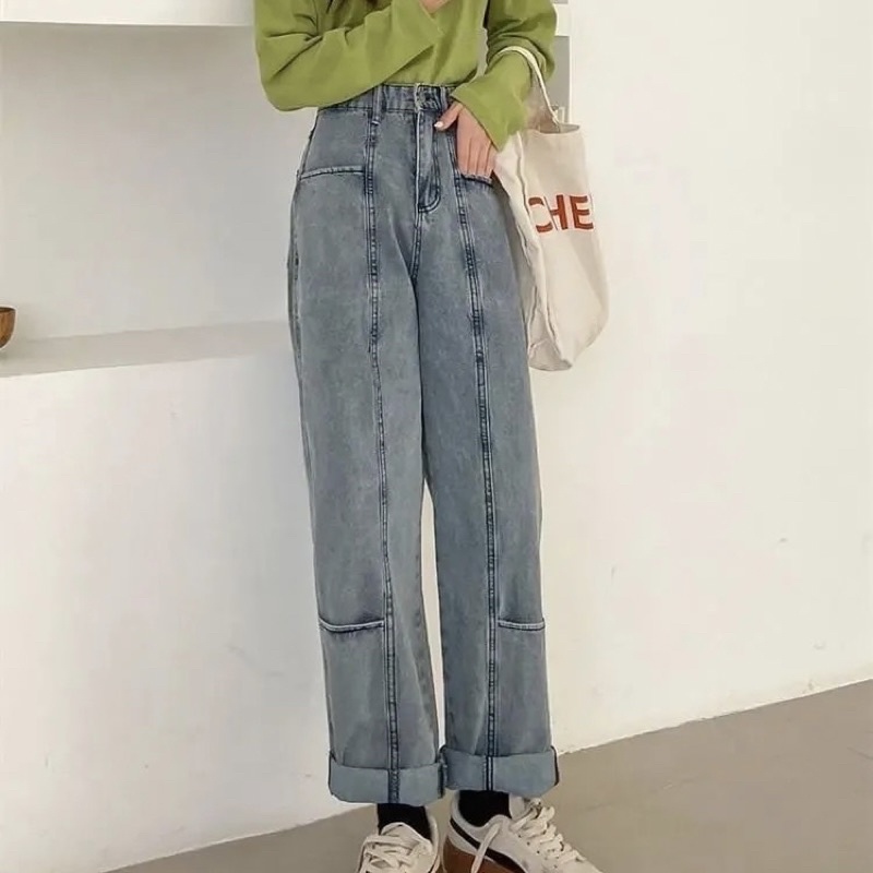 Quần Jean Nữ Ống Suông Đứng Màu Xanh Nhạt, Quần Bò Cạp Cao Basic Cá Tính Hot Trend Có Gân Đủ Size Loại 1 Style Ulzzang