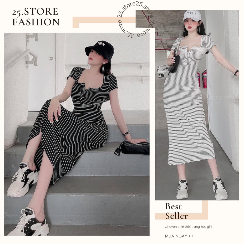 Đầm body dáng dài maxi nữ sọc vằn có cúc chất thun gân dày mịn - 25 STORE