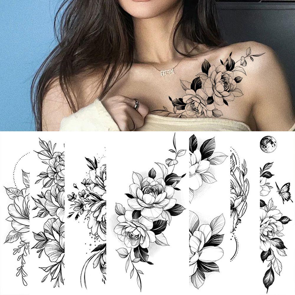FORBETTER Hình Xăm Dán Tạm Thời Hình Hoa Mẫu Đơn Và Hoa Hồng Màu Đen