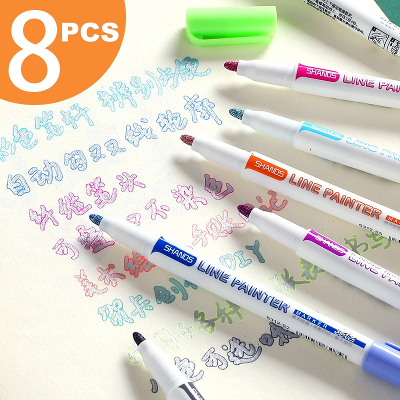 Set 8 Bút Đánh Dấu Hai Đường Viền Màu Kẹo Ngọt Chống Nước Phong Cách Hàn Quốc Dễ Thương Dành Cho Học Sinh / Văn Phòng